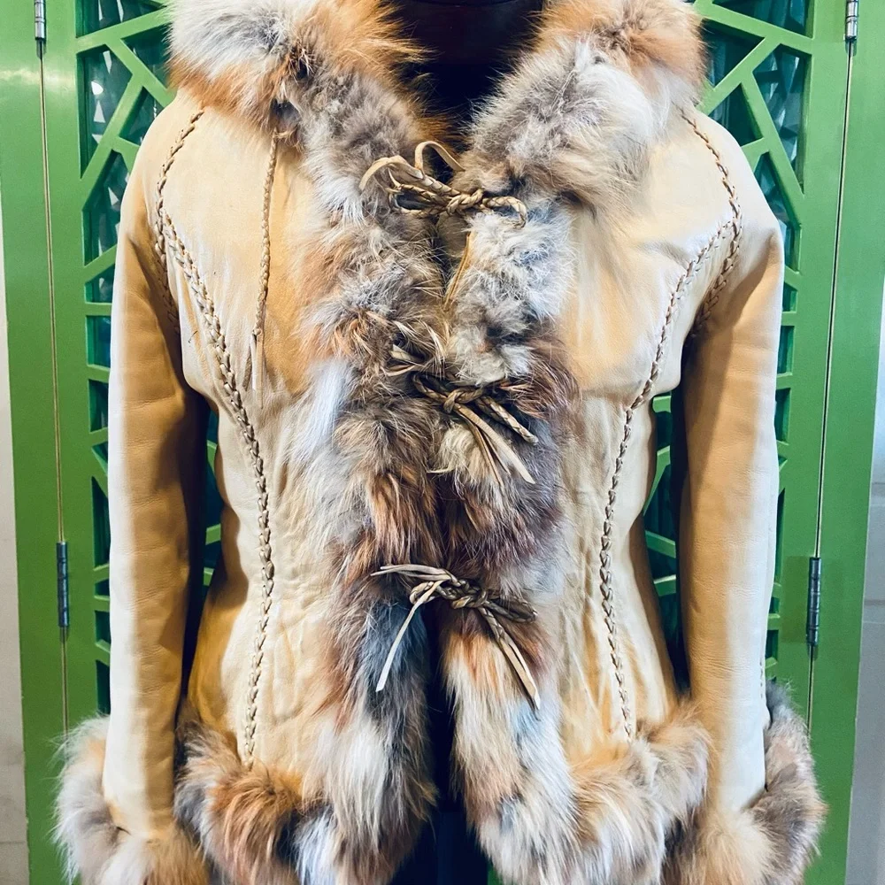 Fancy Hides for North Beach Leathers Hooded Fur Lined & Trimmed Leather Jacket